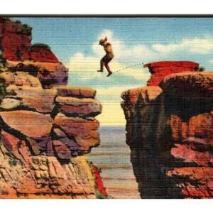 Leap For Life Park Ranger Jumps Grand Canyon Arizona Linen Postcard Curt Teich
